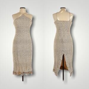 BARI JAY VINTAGE SPAGETTI BOHO DRESS METALLIC THREAD TAN GOLD 14